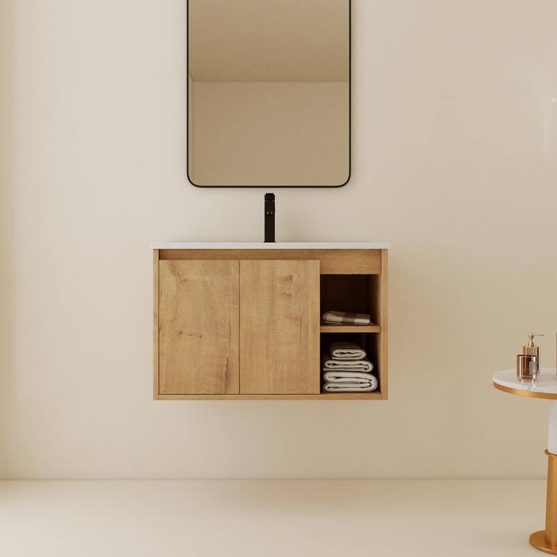 ARTCHIRLY 24/30 Inch Bathroom Vanity with Sink, Floating Bathroom Vanity with Soft Close Door and Shelf - 30''W×18.3''D×19.7''H - Beige