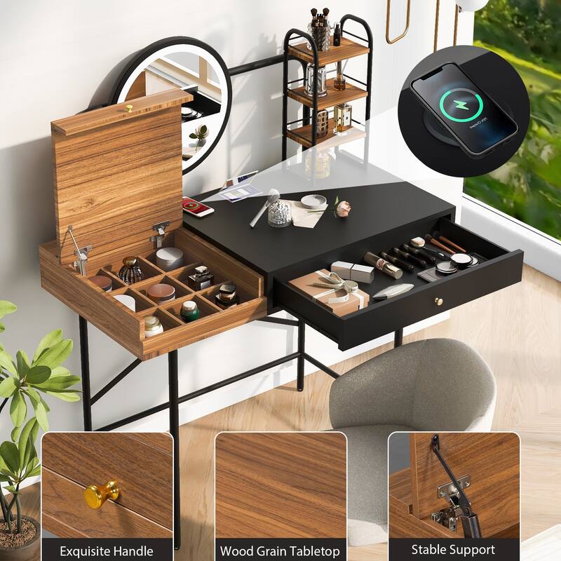 Modern Makeup Vanity with Mirror, Wireless Charging Station