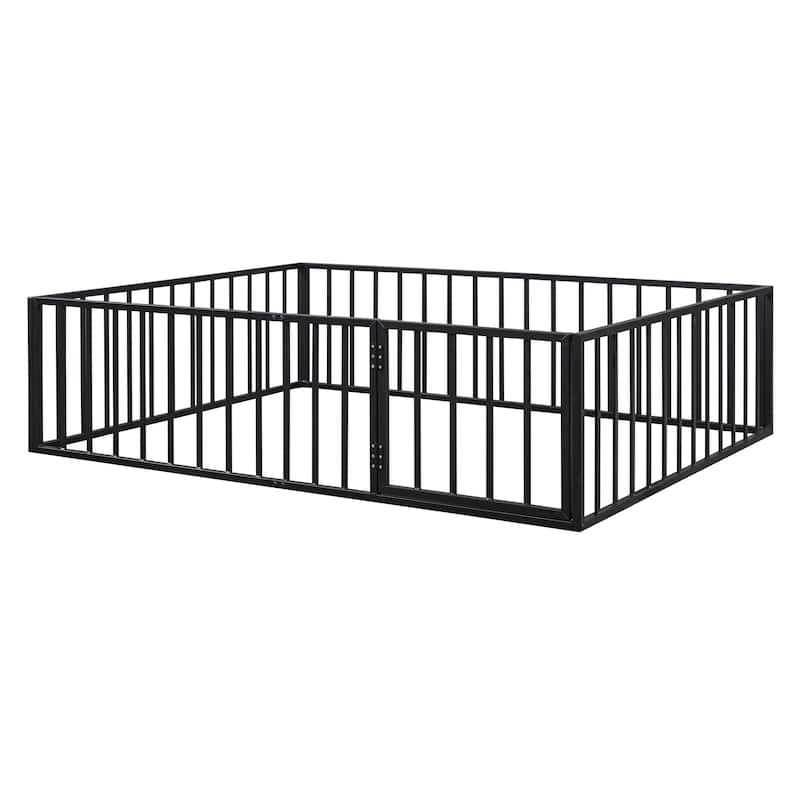 Queen Size Metal Floor Bed Frame with Fence and Door, Black