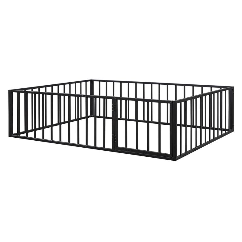 Queen Size Metal Floor Bed Frame with Fence and Door Perfect for Toddler