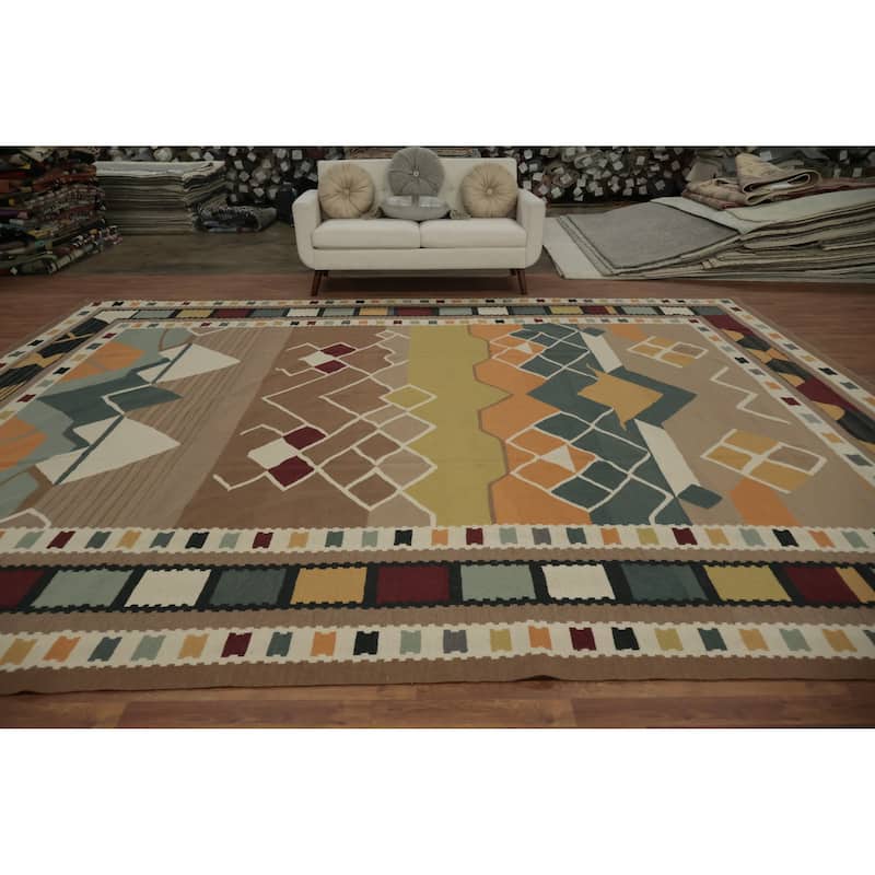 Hand Woven Oriental 100% Wool Carpet Southwestern Tribal Brown Kilim Area Rug - 14' 3'' X 11' 10''