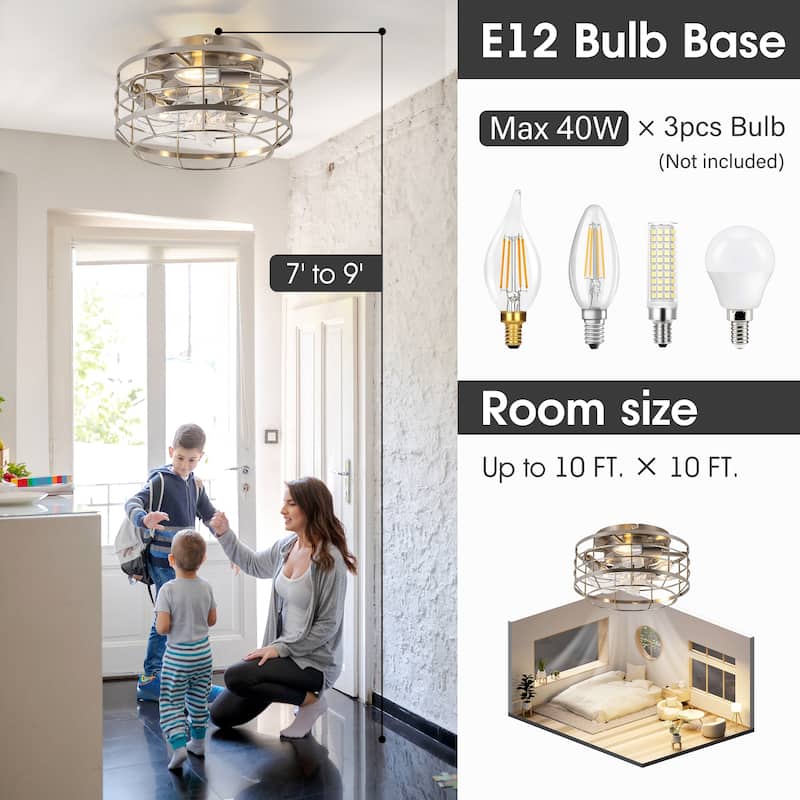 12" Low Profile Enclosed Cage Ceiling Fan with Light and Remote