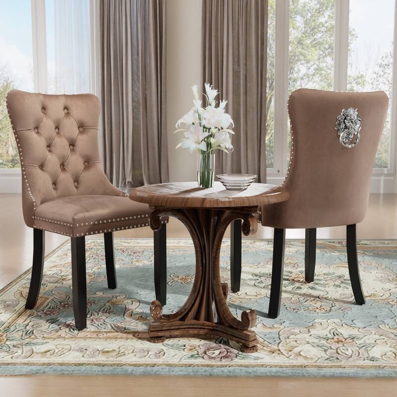 Solid Wood Velvet Upholstered Dining Chair Set of 2 - Khaki