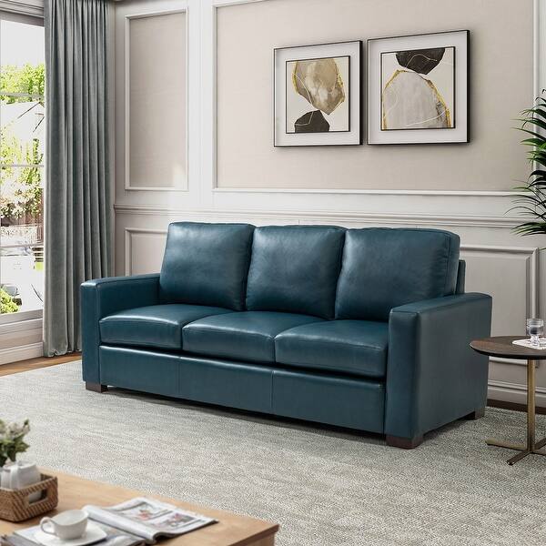slide 1 of 55, Ernando 83.46" Wide Genuine Leather Sofa with Squared Arms and Pillows TURQUOISE