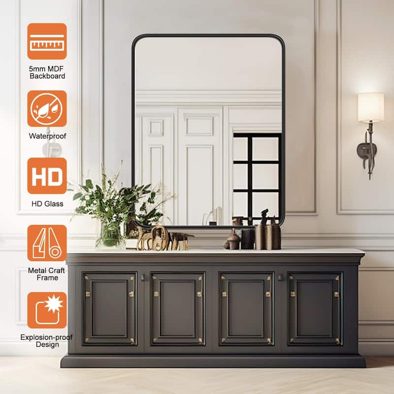 22 in. W x 30 in. H Rounded Rectangle Framed Wall Bathroom Vanity Mirror in Matte Black
