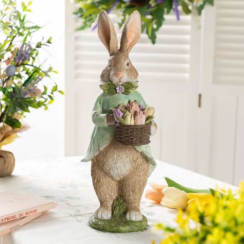 Glitzhome Easter Resin Bunny Boy Girl Table Decor with Flower Rabbit Figurine Ornaments - 15.75"H Boy