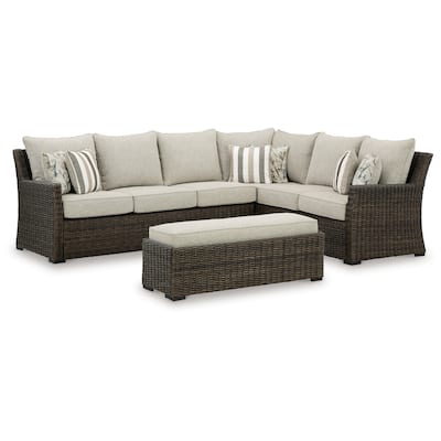 Soha Outdoor 3pc Sectional Sofa, Brown Wicker, Beige Nuvella Cushions