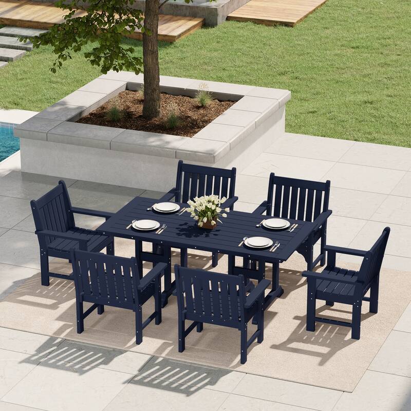Polytrends Laguna Outdoor Patio 7-Piece Rectangular Table Garden Arm Chairs Dining Set