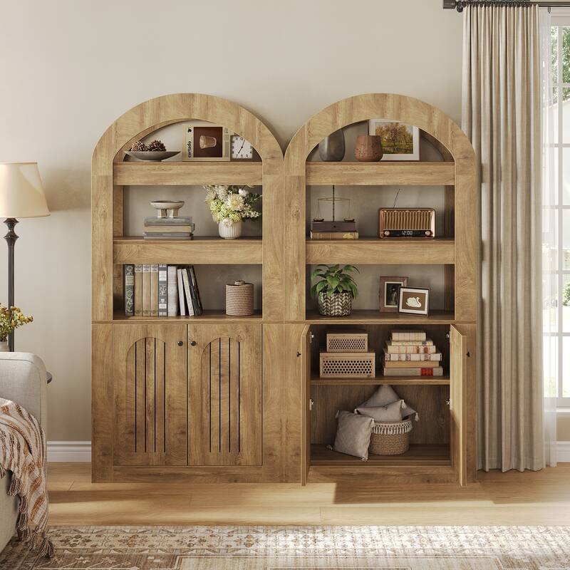 Arched Bookshelf Bookcase with 3-Tier Shelves and a Spacious Cabinet
