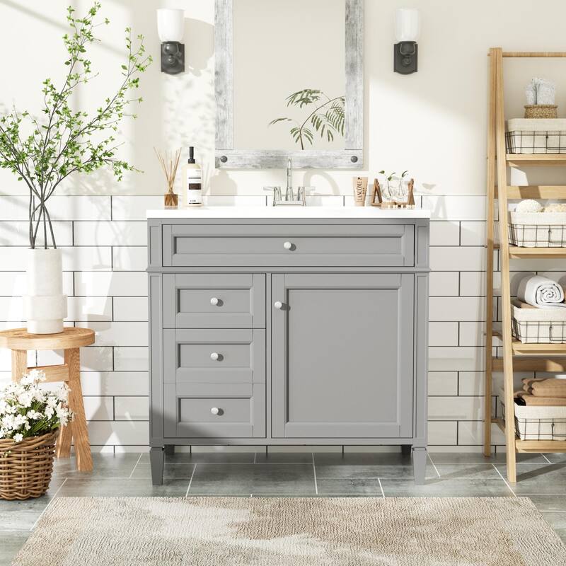 30''/36'' Bathroom Vanity with Top Sink, Modern Bathroom Storage Cabinet with 2 Drawers, a Tip-out Drawer & Adjustable Shelf