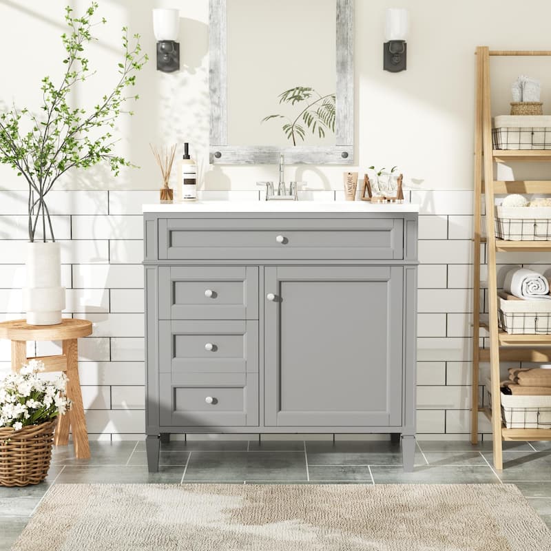 36" Bathroom Vanity with Top-Mount Sink - Modern Cabinet with 2 Drawers + Tip-Out Tray - Complete Single Sink Vanity Set
