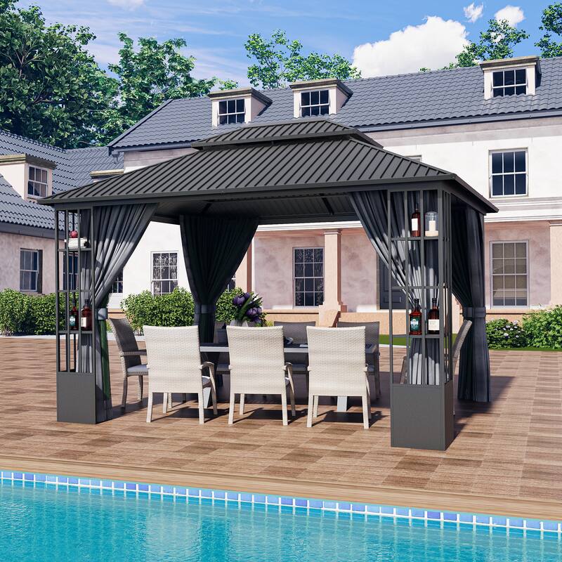 10 ft. x 12 ft. Double Roof Hardtop Patio Gazebo with Aluminum Frame, Storage Shelf