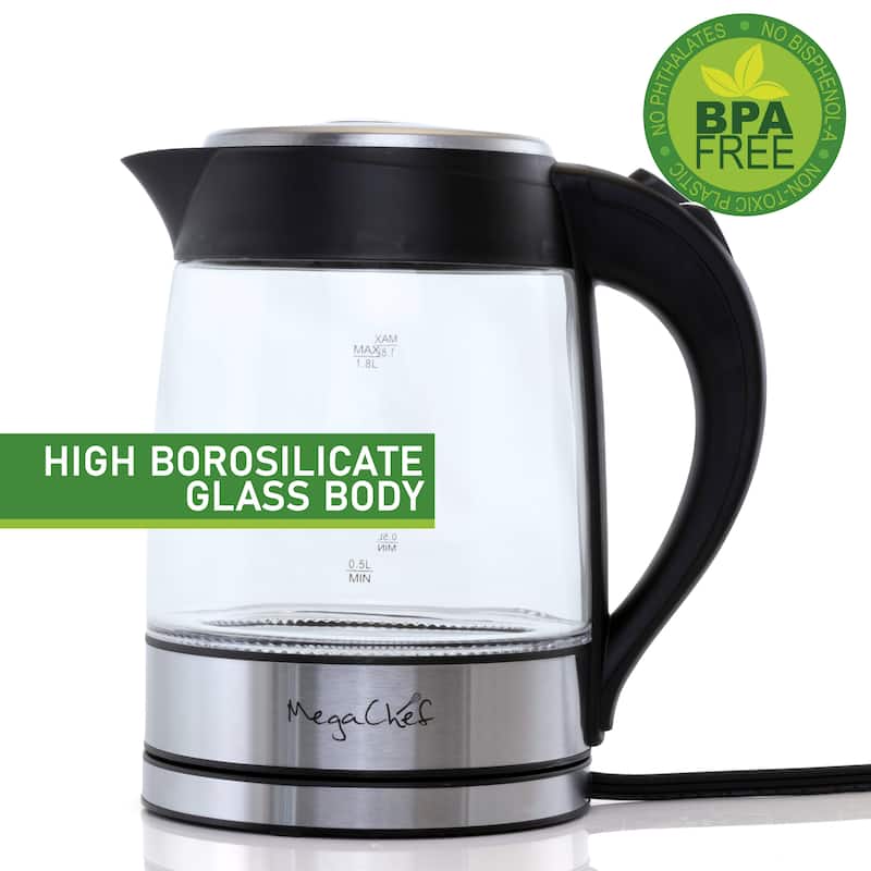 1.8L Rapid Boil Cordless Serving Electric Glass Tea Kettle in Silver