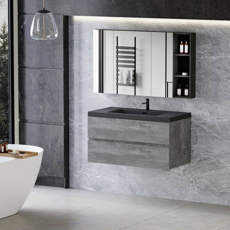 36" Wall-Mounted Floating Vanity with Premium Quartz Sand Basin, Grey Modern Storage Cabinet