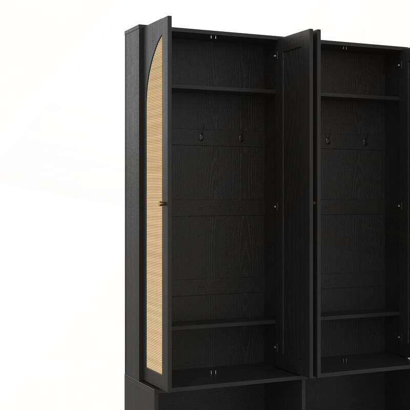 4-In-1 Farmhouse Widen Hall Tree with 4 Rattan Doors
