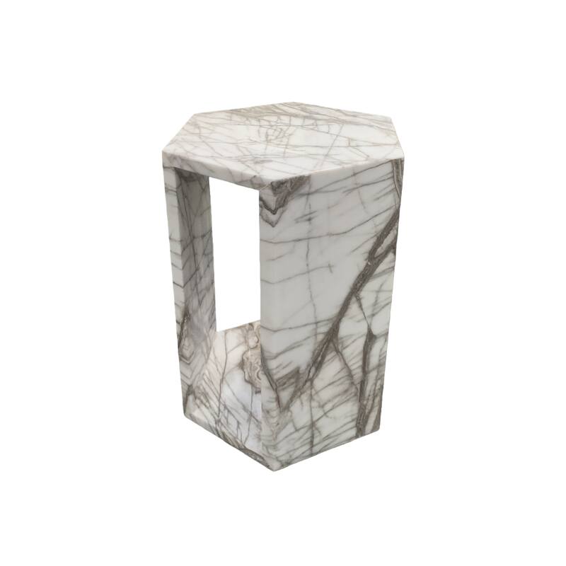 Roomfitters Luxury Natural Marble Hexagon Side Table, Solid Stone Geometric Pedestal End Table, Polished Finish