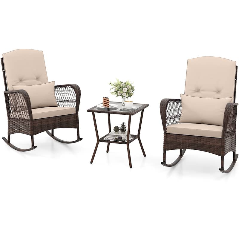 Gymax 3 Pieces Rocking Bistro Set PE Rattan Rocking Chairs w/ 2-Tier