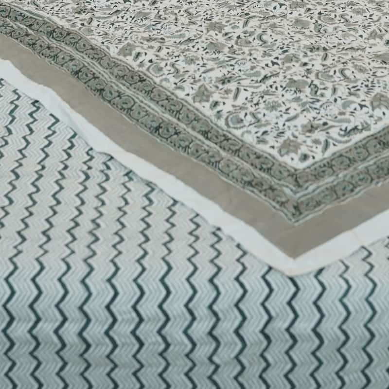 Fabdivine Handcrafted Cotton Quilt - Blue Gray Floral Traditional Block Print, Reversible Premium Bedspread for Bedroom Décor - 100" X 104" - Blue, Grey