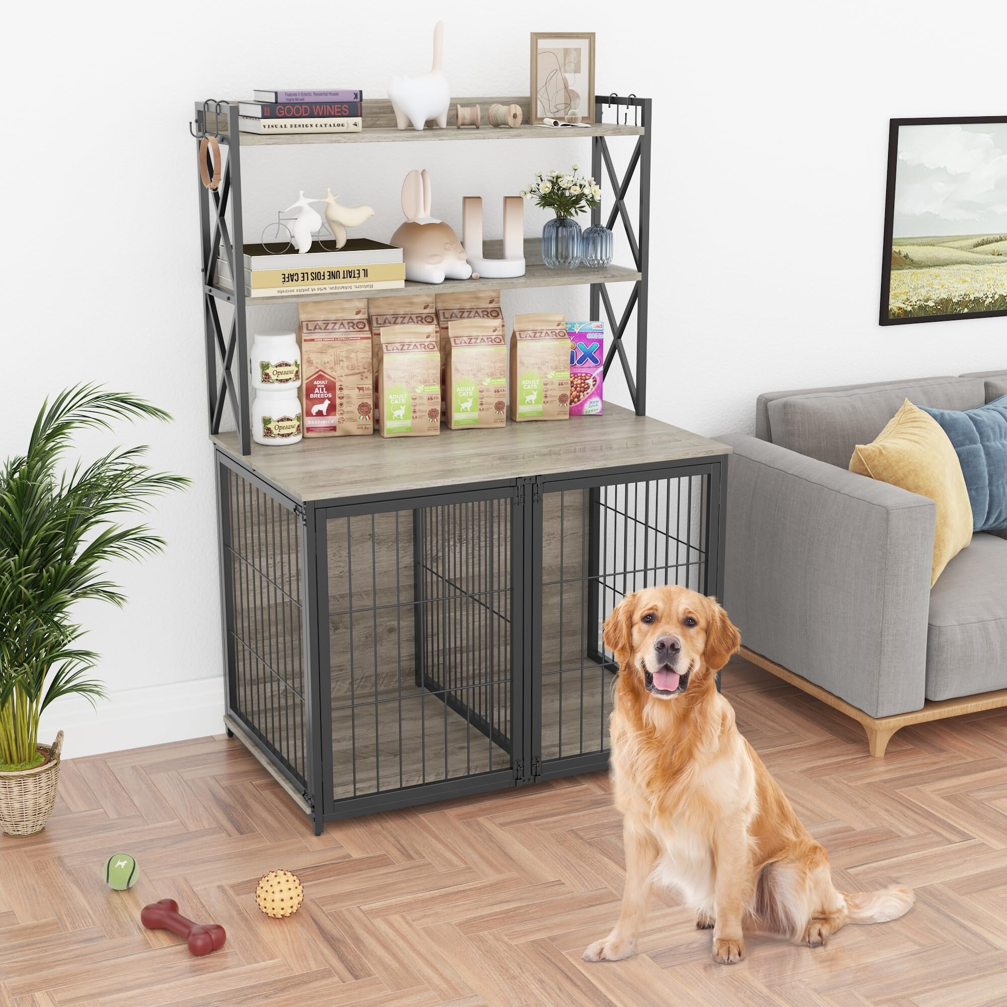 Wooden Dog Crate Furniture End Table with Flip Top and Movable