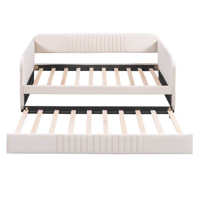 Twin Upholstered Daybed with Trundle Bed - Velvet Fabric Sofa Bed with Wood Slats, for Small Spaces, No Box Spring Needed