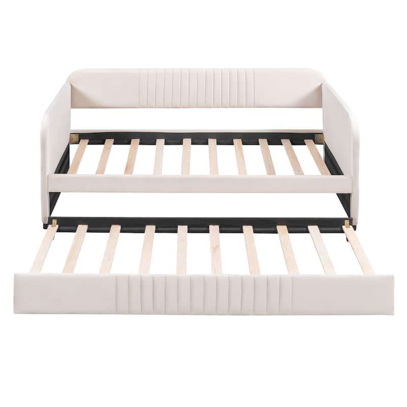 Upholstered Sofa Bed Twin Size With Trundle Bed and Wood Slat