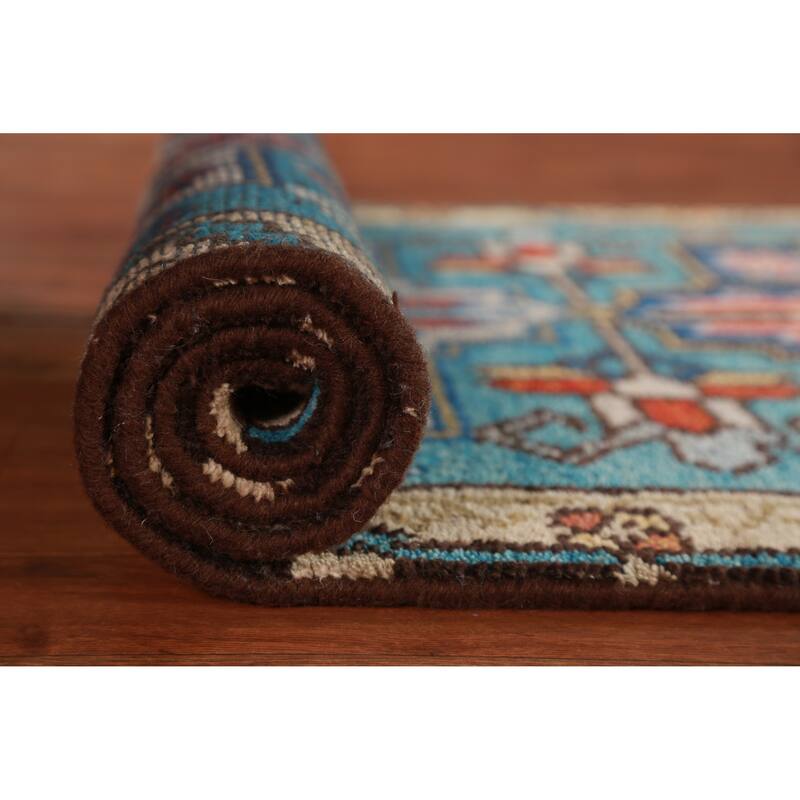 Hand Knotted Oriental 100% Wool Carpet Traditional Geometric Navy Blue & Blues Kazak Runner Rug - 8' 1'' X 2' 7''