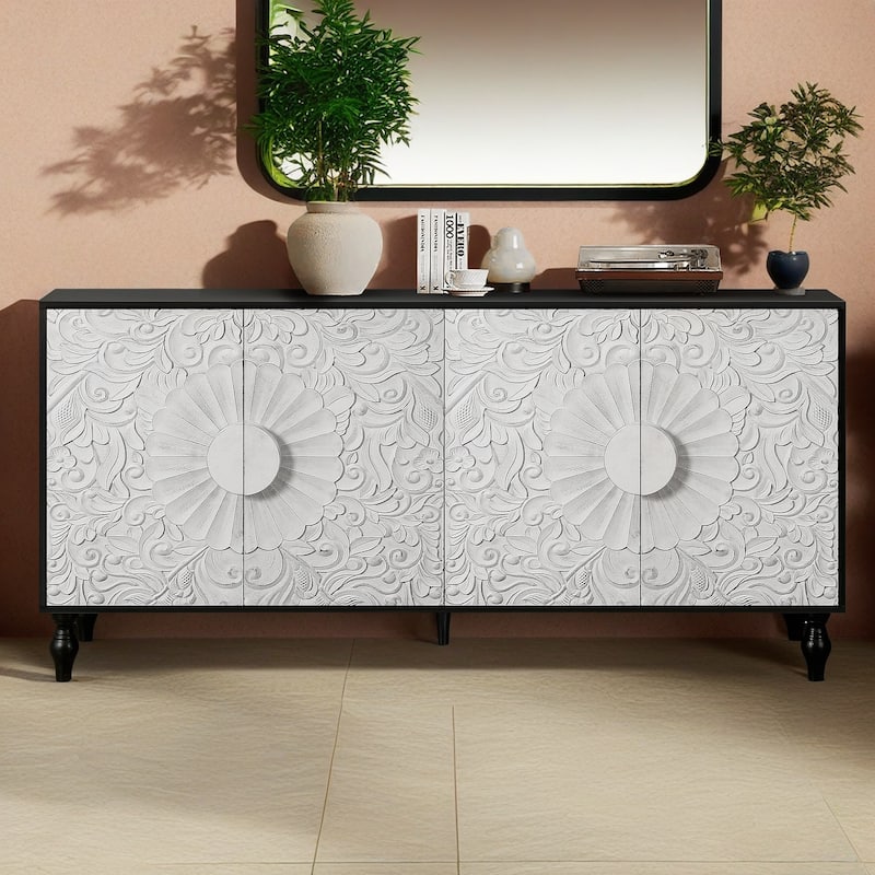 Lily Carved Flower Door Large Storage Sideboard Cabinet with Shelves by GDFStudio - Black White
