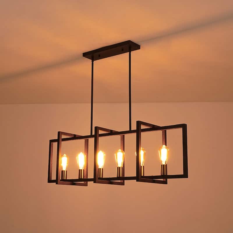 6-Light Black Rectangle Linear Island Pendant Farmhouse