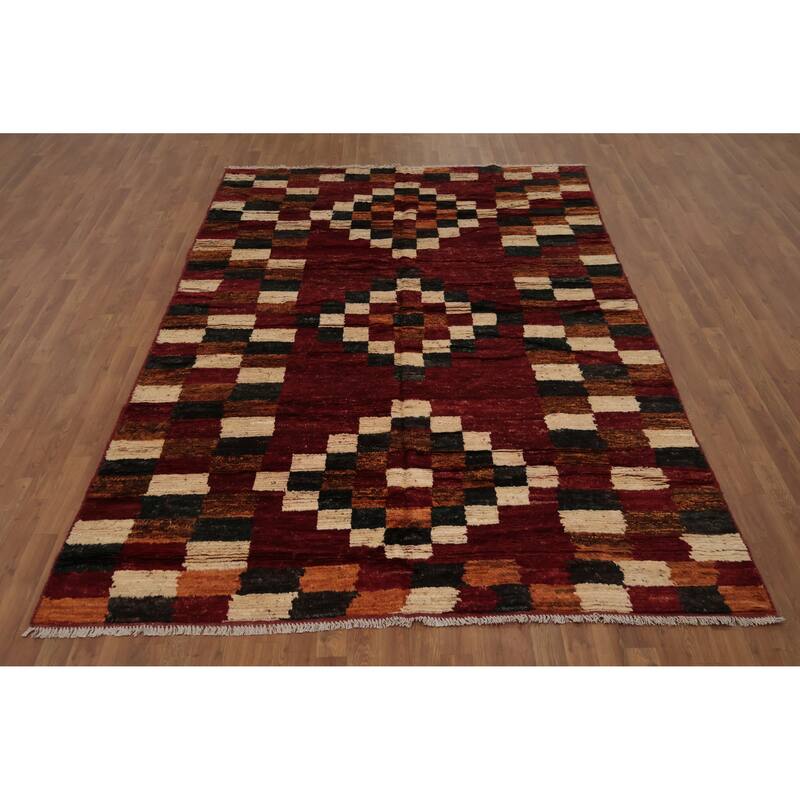 Hand Knotted Oriental 100% Wool Carpet Modern Geometric Red Moroccan Area Rug - 10' 2'' X 6' 9''