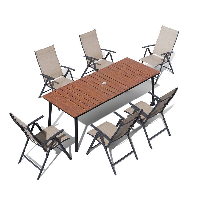 7PC Outdoor Patio Dining Set With Umbrella Hole Table Adjustable Folding Chairs - N/A - Walnut-Table&Espresso-Chairs