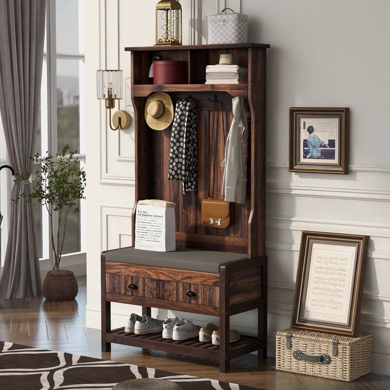 3-in-1 Design Hall Tree with 4 Hooks,Hinged Lid,Coat Hanger and Storage Bench - Brown