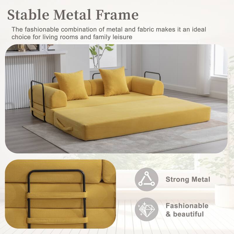 Foldable Modular Couch Sleeper Loveseat Sofa Bed with Storage Side Pocket, Detachable Metal Frame and Corduroy Fabric Cover