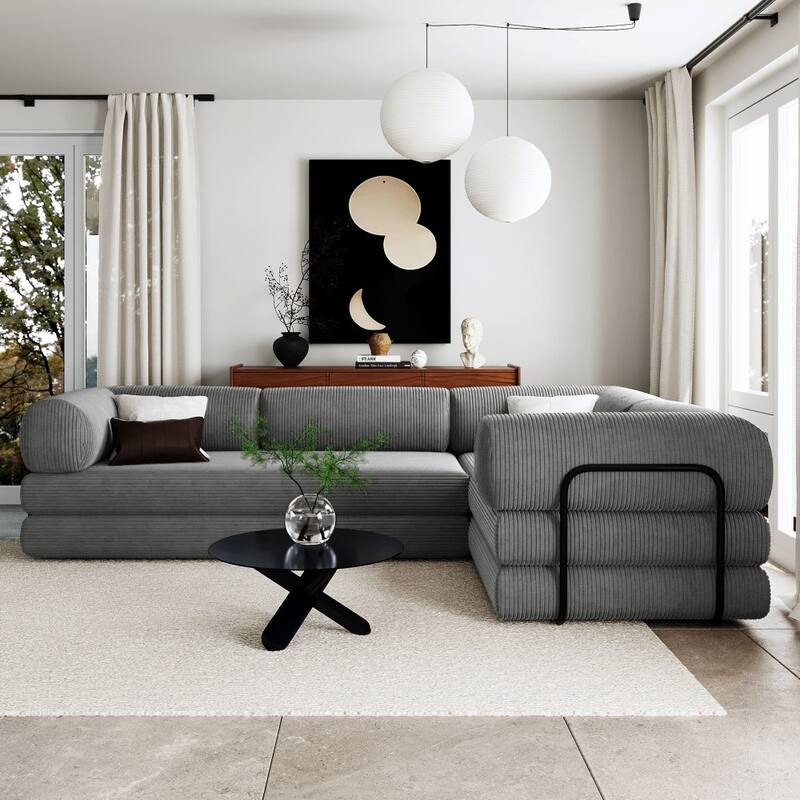 Modern Corduroy Fabric L-shaped Modular Convertible Sectional Sofa Bed for Living Room - Grey