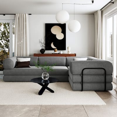 Modern Corduroy Fabric L-shaped Modular Convertible Sectional Sofa Bed for Living Room