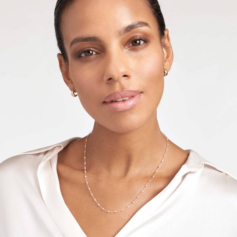 Curata 14k Yellow Gold 18" Light Pink Enamel Bead Piatto Chain Necklace (Spring-ring)
