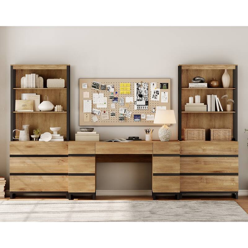 59In Modern Executive Desk With Charging Station & Drawers And 2 PCS 72In Tall BookcasesFor Living Room, Bedroom - Oak - 72in