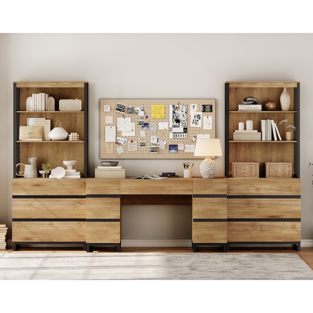 59In Modern Executive Desk With Charging Station & Drawers And 2 PCS 72In Tall BookcasesFor Living Room, Bedroom