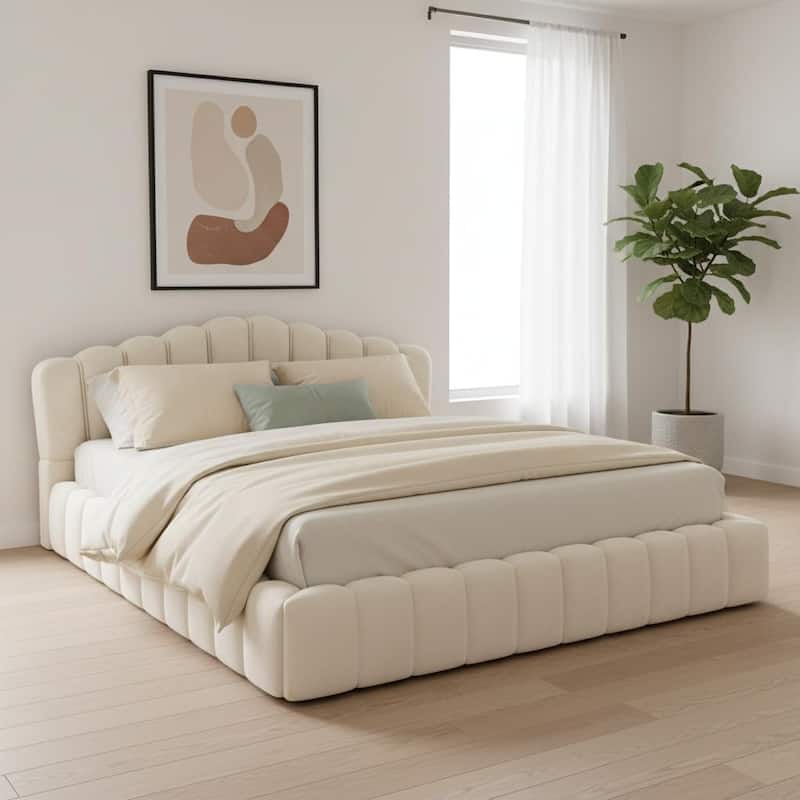 HomeRoots Cream Tufted Velvet Upholstered Queen Bed Frame - Queen