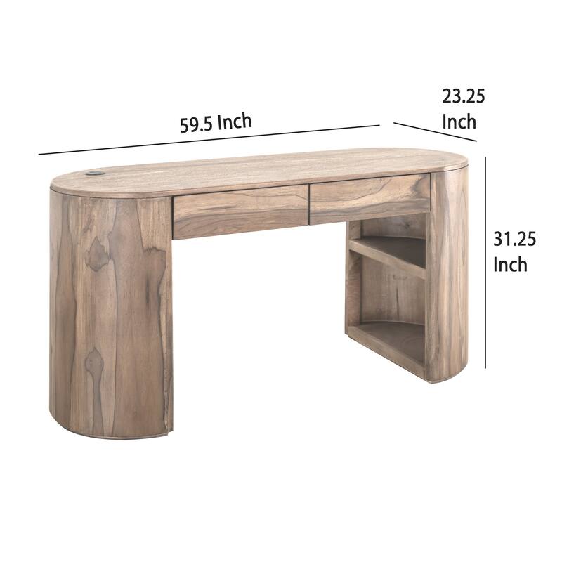 Eray Writing Desk, 2 Drawers, USB Port, Brown Teak, Mango Wood, 60 In