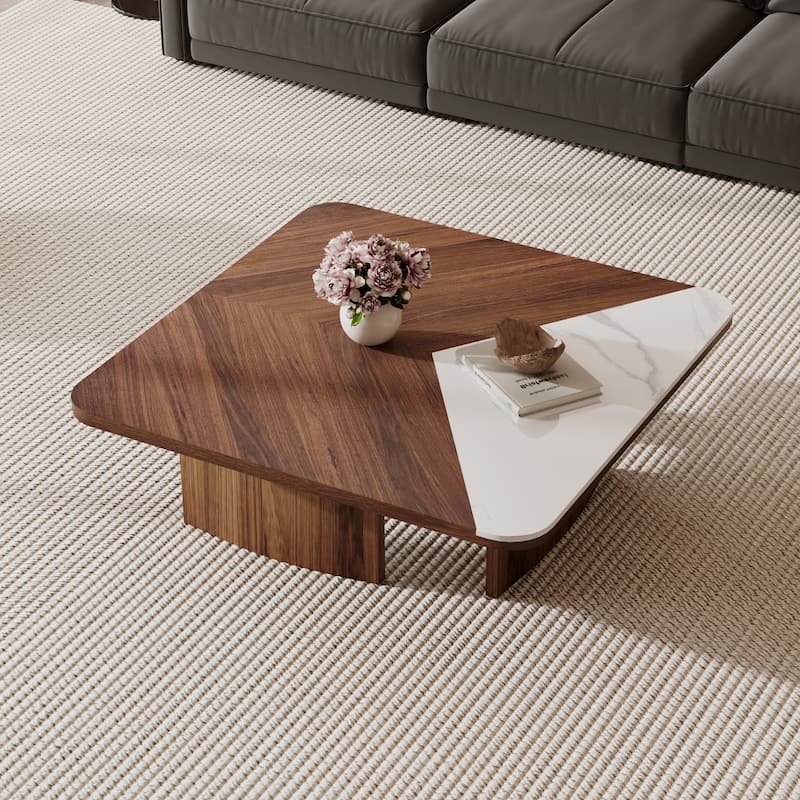 Modern 35.43" Square Coffee Table, Solid Wood Veneer with White Sintered Stone Table Top