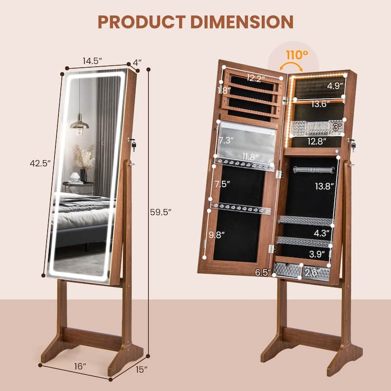 Costway LED Mirror Jewelry Cabinet Organizer Armoire Standing with - See Details