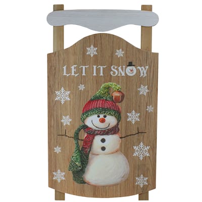 24" Let It Snow Wooden Sled Snowman and Snowflakes Wall Sign