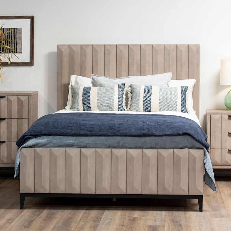Emilia Pine Modern Panel Bed - Light Grey Wash - Queen