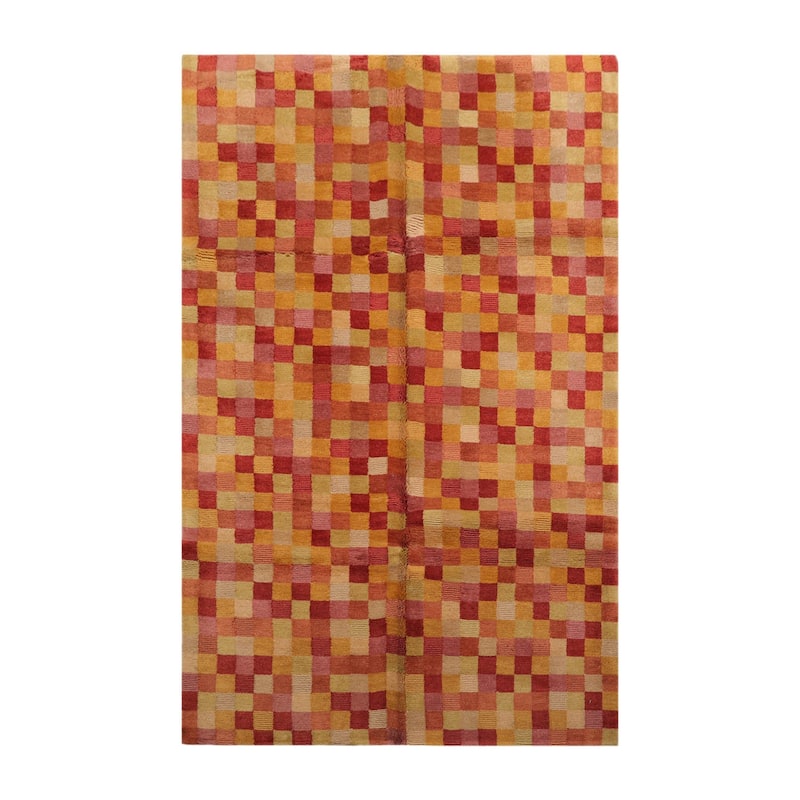 Hand Knotted Raspberry, Gold Tibetan Wool Modern Oriental Area Rug - 5' x 8'