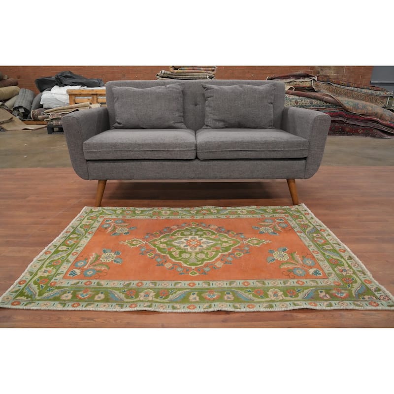 Hand Knotted Oriental 100% Wool Carpet Traditional Floral Oranges & Rust Tabriz Area Rug - 4' 11'' X 3' 1''