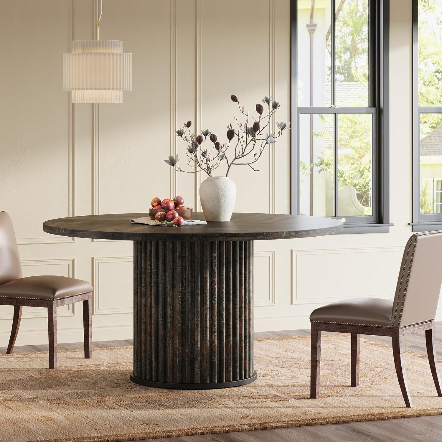 47.2 Inch Round Kitchen Dining Table for 4-6, Fluted MDF + Metal Base