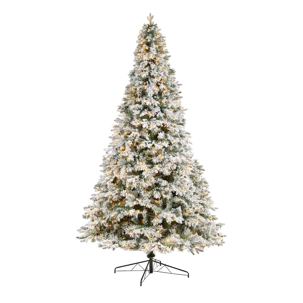 10ft Flocked Christmas Tree with Lights, Realistic Artificial Pine Tree, Holiday Decor, Winter Forest Tree - Green - 120