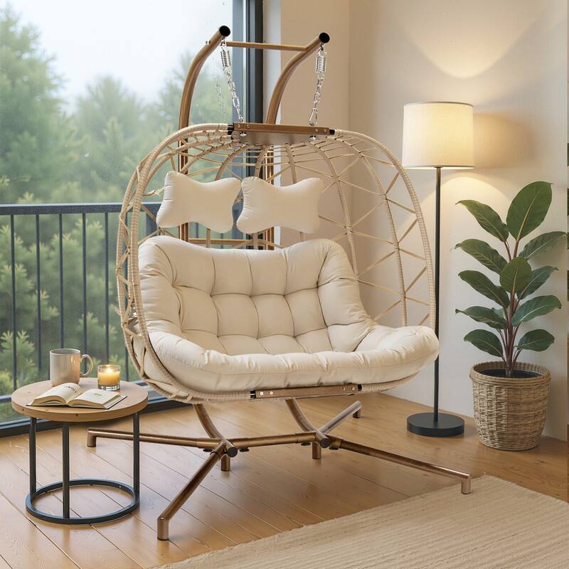 FINCATI Indoor Double Egg Chair, 700 lbs Extra-large 2 Person Double Egg Chair, Cozy Swing Chair, Oversized Hanging Egg Chair - Beige