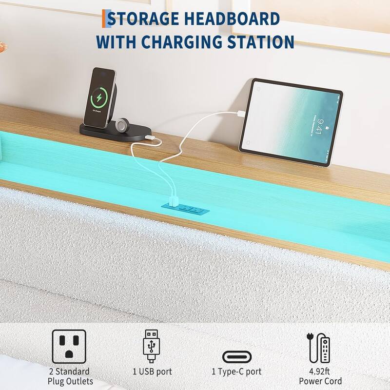Bed Frame with LED Light, Storage Headboard and Charging Station