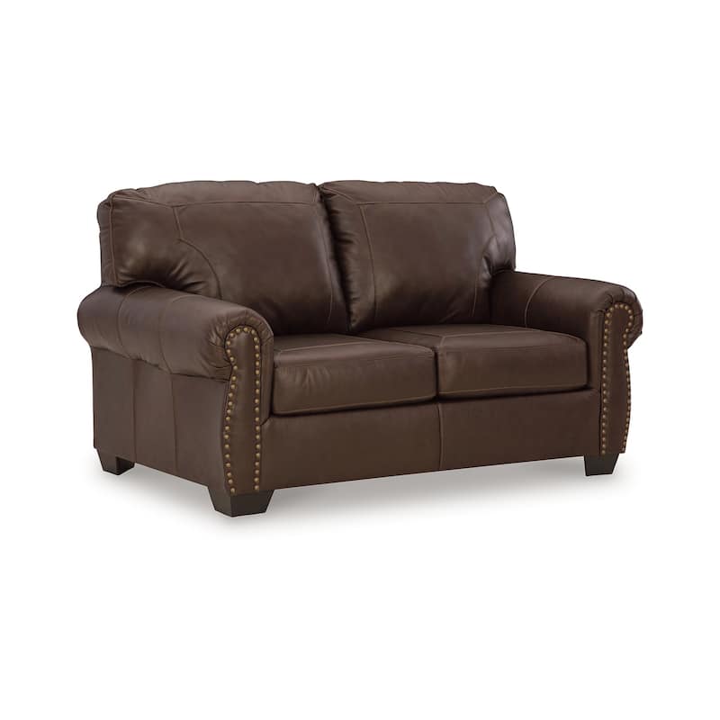 Reeve Loveseat, Rolled Arms, Nailhead Trim, Dark Brown Leather 67 Inch
